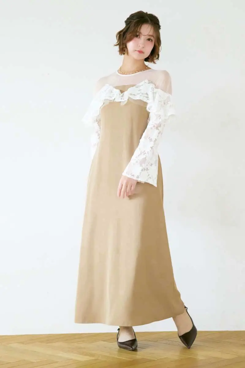 ベージュのレースラッフルドレス | ANDRESD | M | 結婚式パーティーの