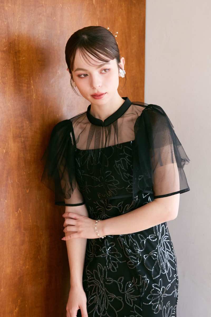 Thierry mugler ブラックカラー 編みレースデザイン ドレス ブラックのフラワーレースセットドレス | Dorry doll | M | 結婚式